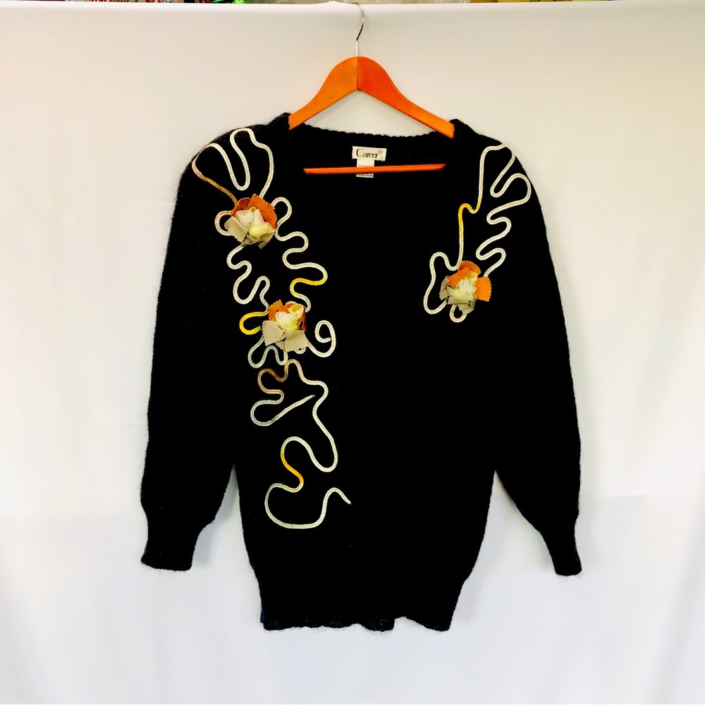 Vintage 80s Career Mohair Size L Black Sweater with Leather flowers